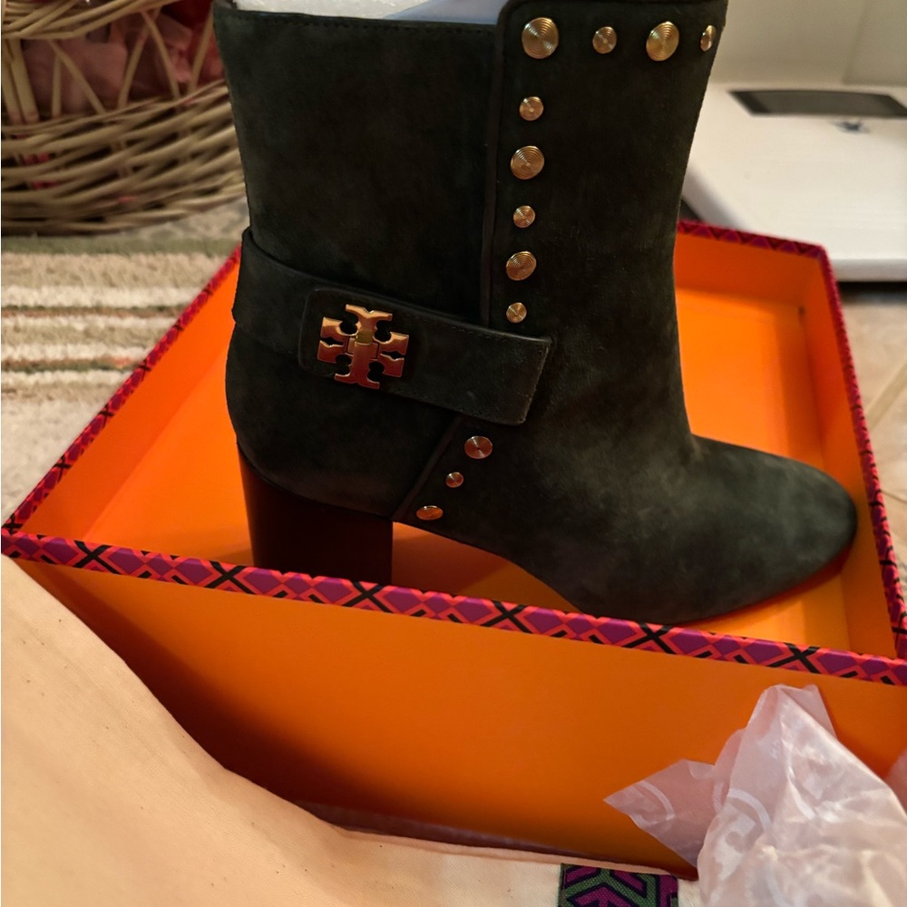 Tory Burch Dark Green Ankle Boots with Gold Studs